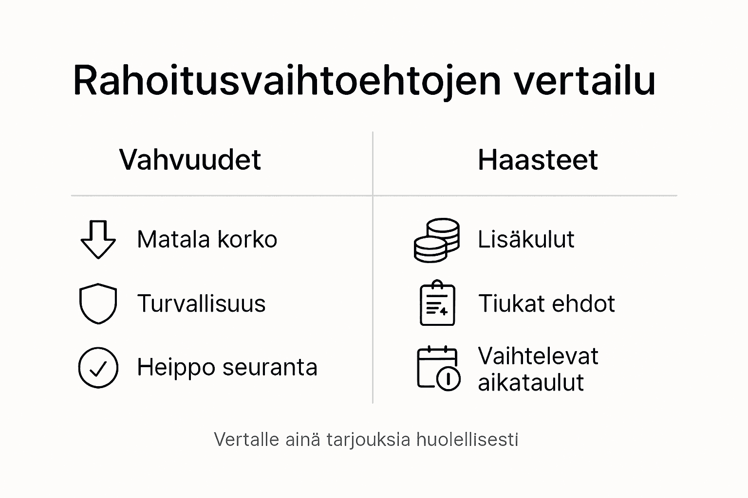 Infografiikka tuo esiin eri rahoitusvaihtoehtojen plussat ja miinukset selkeästi rinnakkain.