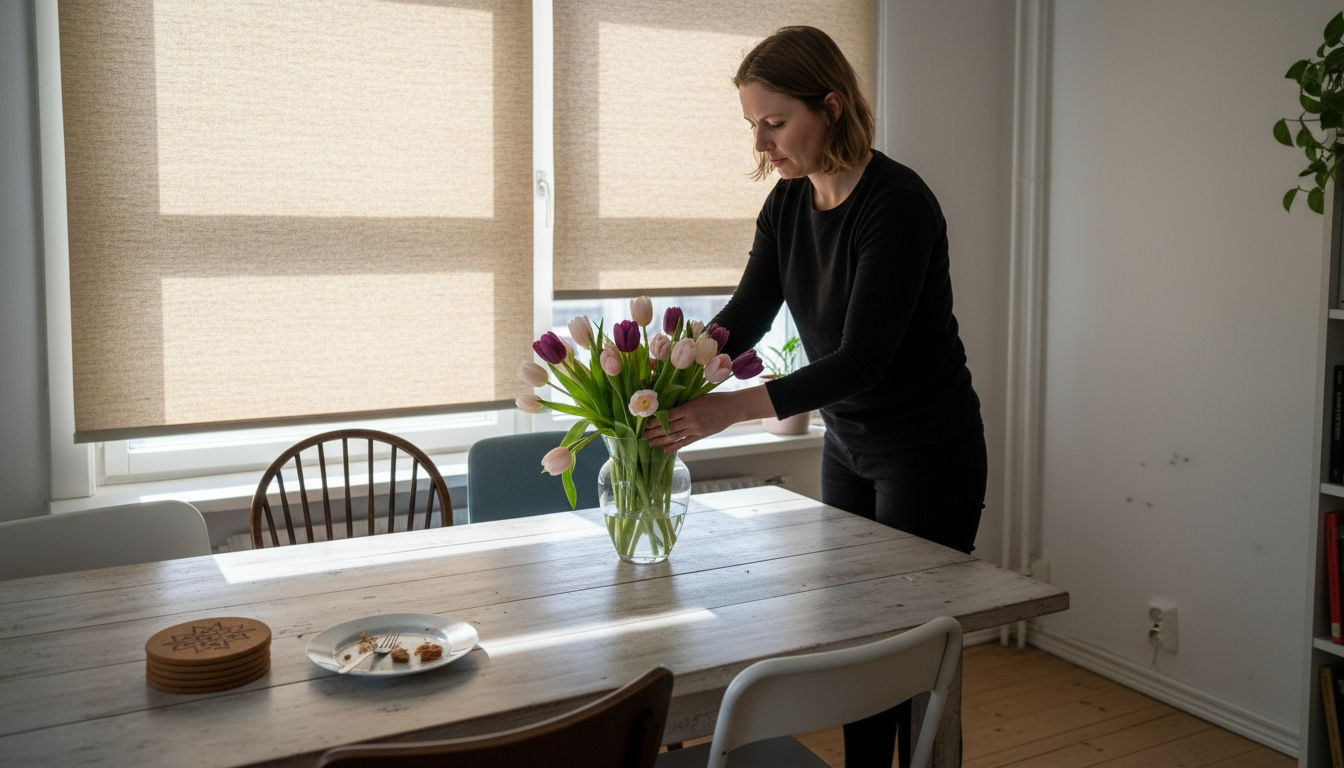 Nainen asettelee tulppaaneja vaaleiden mittatilaussälekaihtimien edessä.