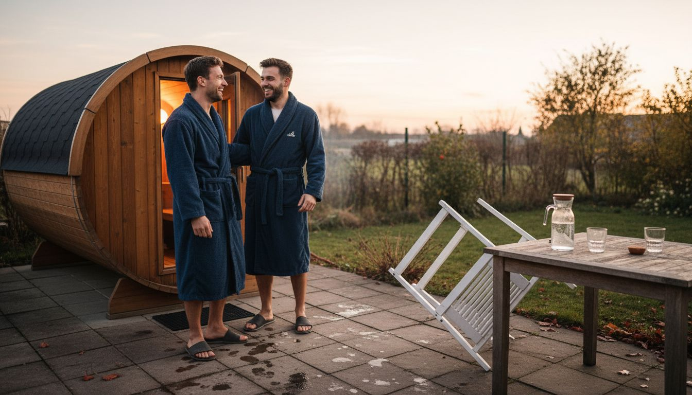 Am Abend sitzen Freunde gemütlich vor der Außensauna und plaudern miteinander.