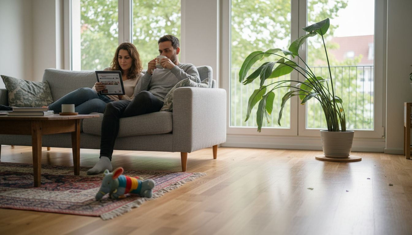 Ein Paar genießt entspannte Stunden im gemütlichen Wohnzimmer mit hochwertigem Parkettboden.
