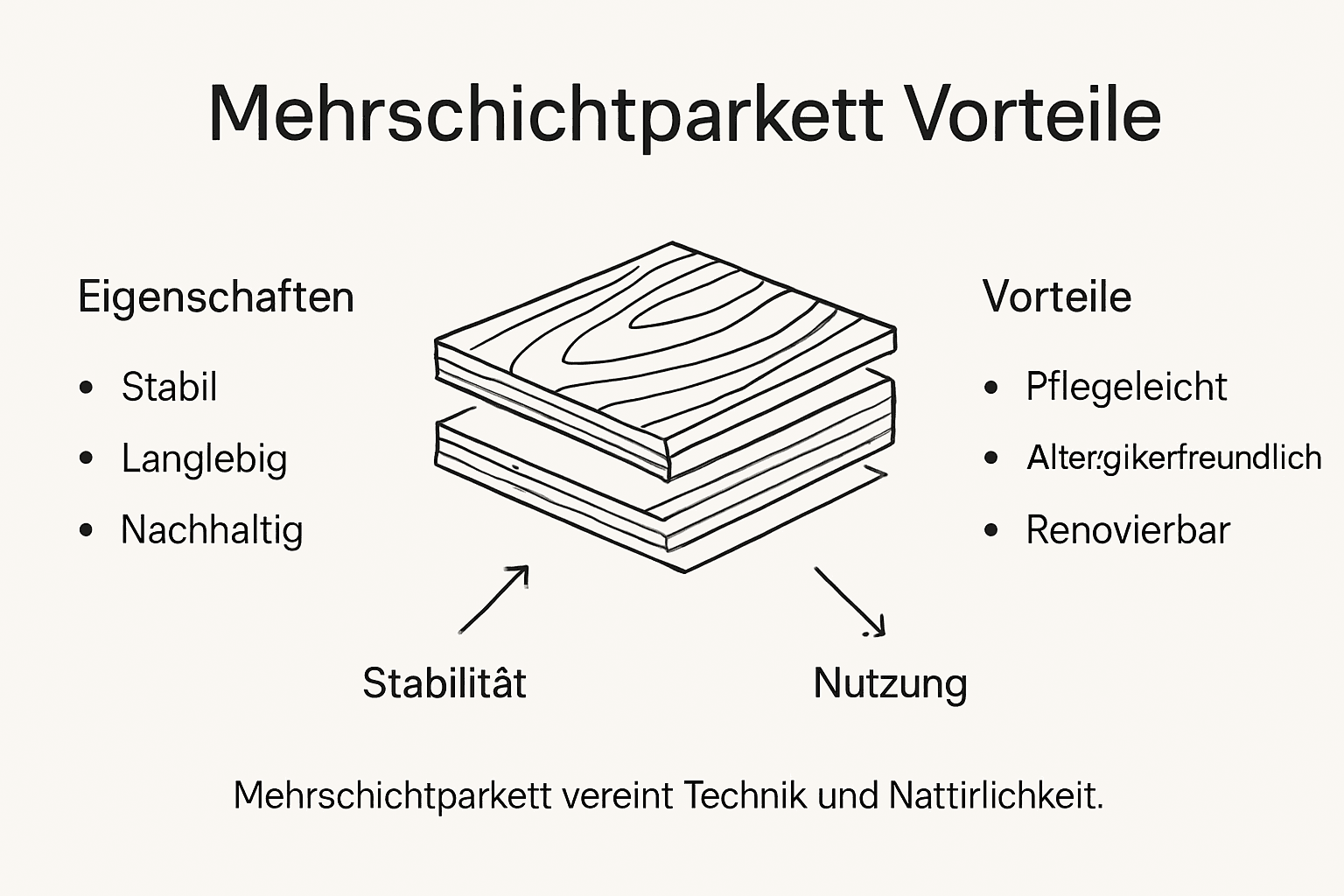 Übersichtsgrafik: Die wichtigsten Vorteile und Merkmale von Mehrschichtparkett auf einen Blick