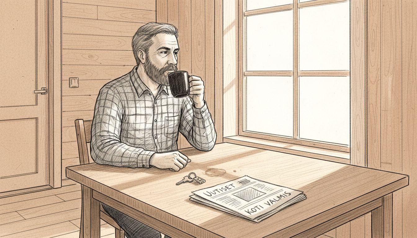 Puun tuoksuisessa keittiössä talon asukas nauttii aamukahviaan rauhassa.