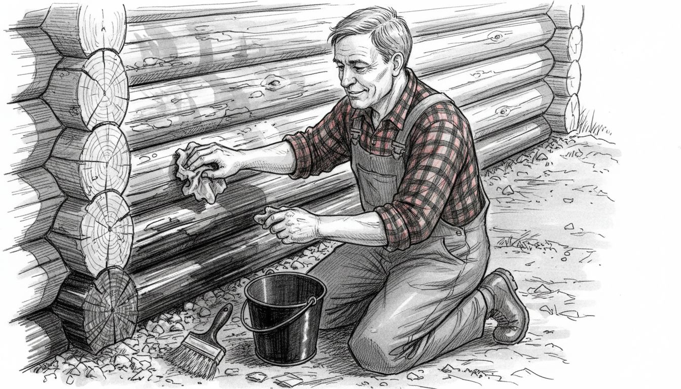 Mies käsittelee hirsisaunan puupintoja öljyllä, jotta pinnat pysyvät hyvässä kunnossa ja kestävät käyttöä.