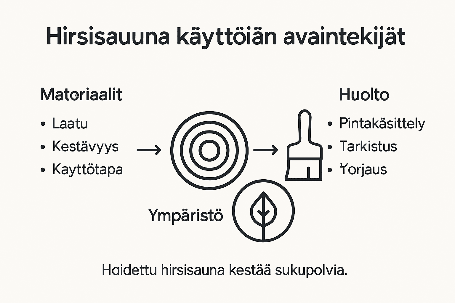 Kuvallinen kooste tekijöistä, jotka vaikuttavat hirsisaunan elinkaareen