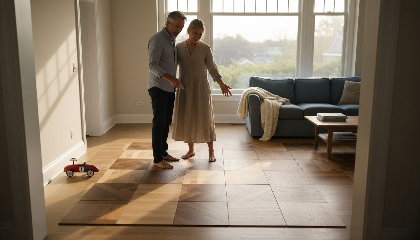 Ein Paar prüft verschiedene Parkettmuster im Wohnzimmer, um die passende Wahl für ihren Boden zu treffen.