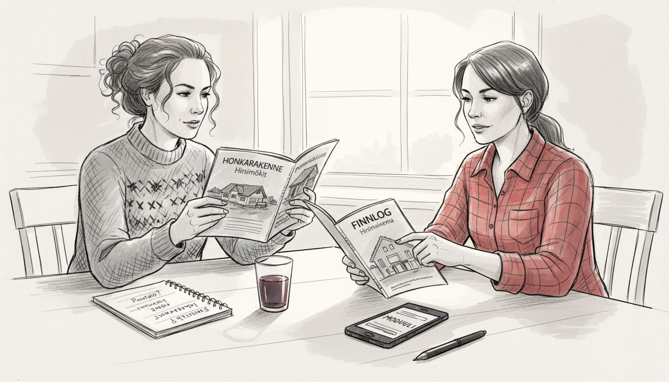 Naiset tutustuvat eri hirsitalovalmistajien esitteisiin ja vertailevat niiden vaihtoehtoja keskenään.