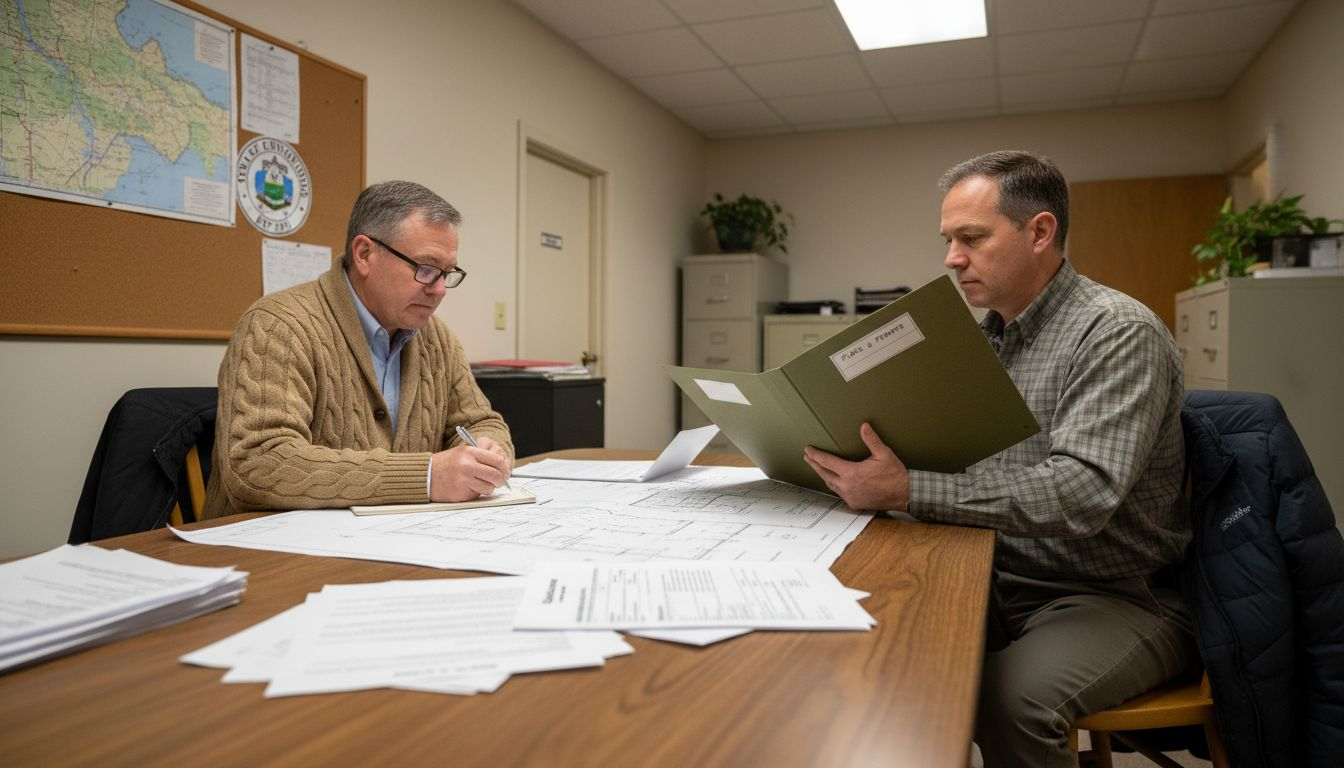 Homeowner consulting Finnish building authority in office