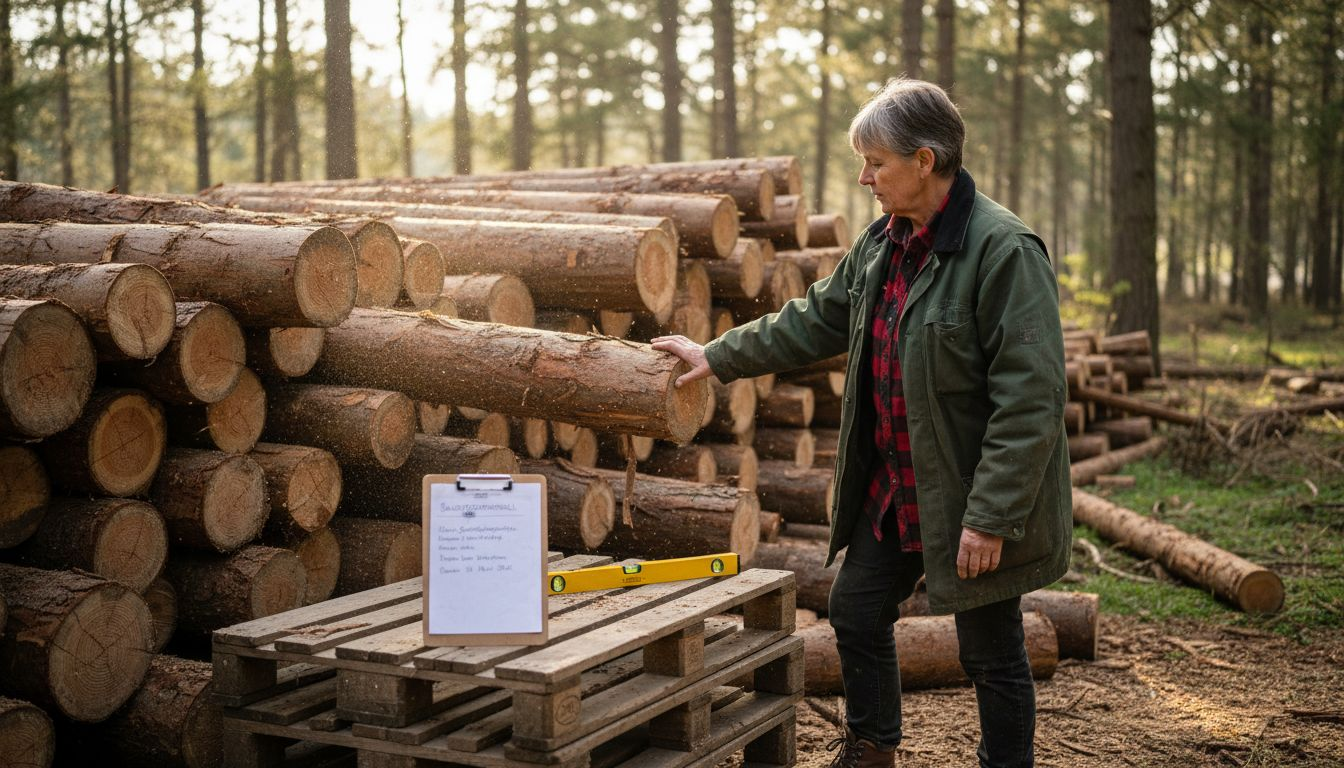 Ein Bauleiter prüft die Holzstämme für den Bau eines Blockhauses.