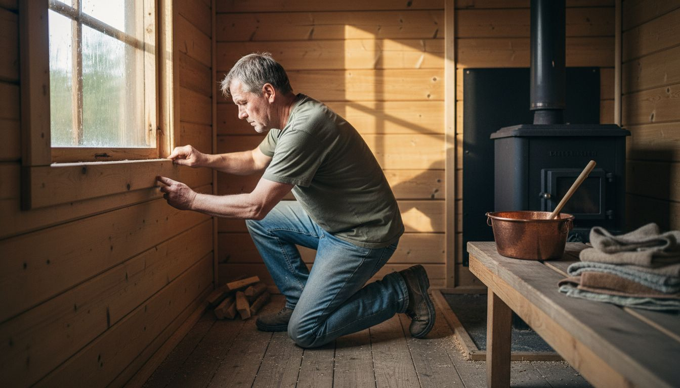Craftsman inspecting Finnish timber sauna interior