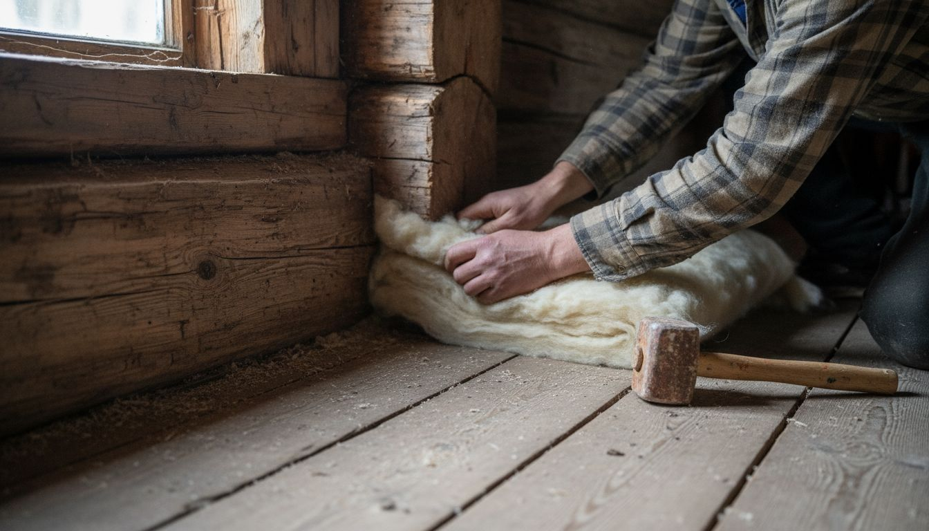 Detaljbilde av isolering rundt tømmerknute i laftehytte