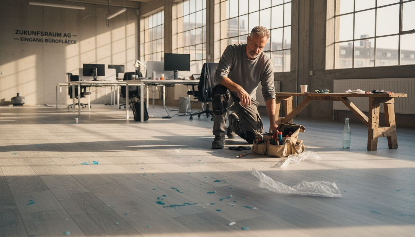 Der Chef begutachtet den frisch verlegten Vinylboden im Büro.