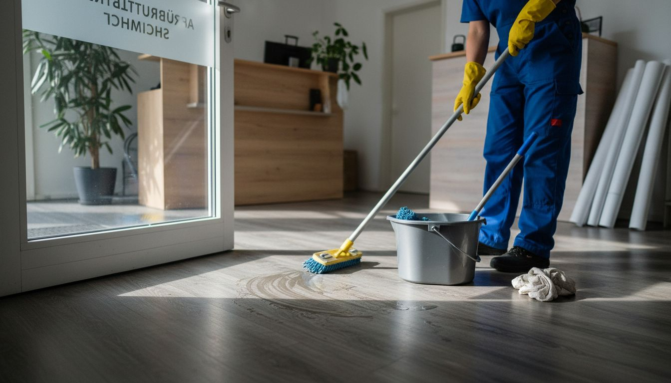 Eine Reinigungskraft sorgt dafür, dass der Vinylboden in den Geschäftsräumen gründlich gewischt und sauber gehalten wird.
