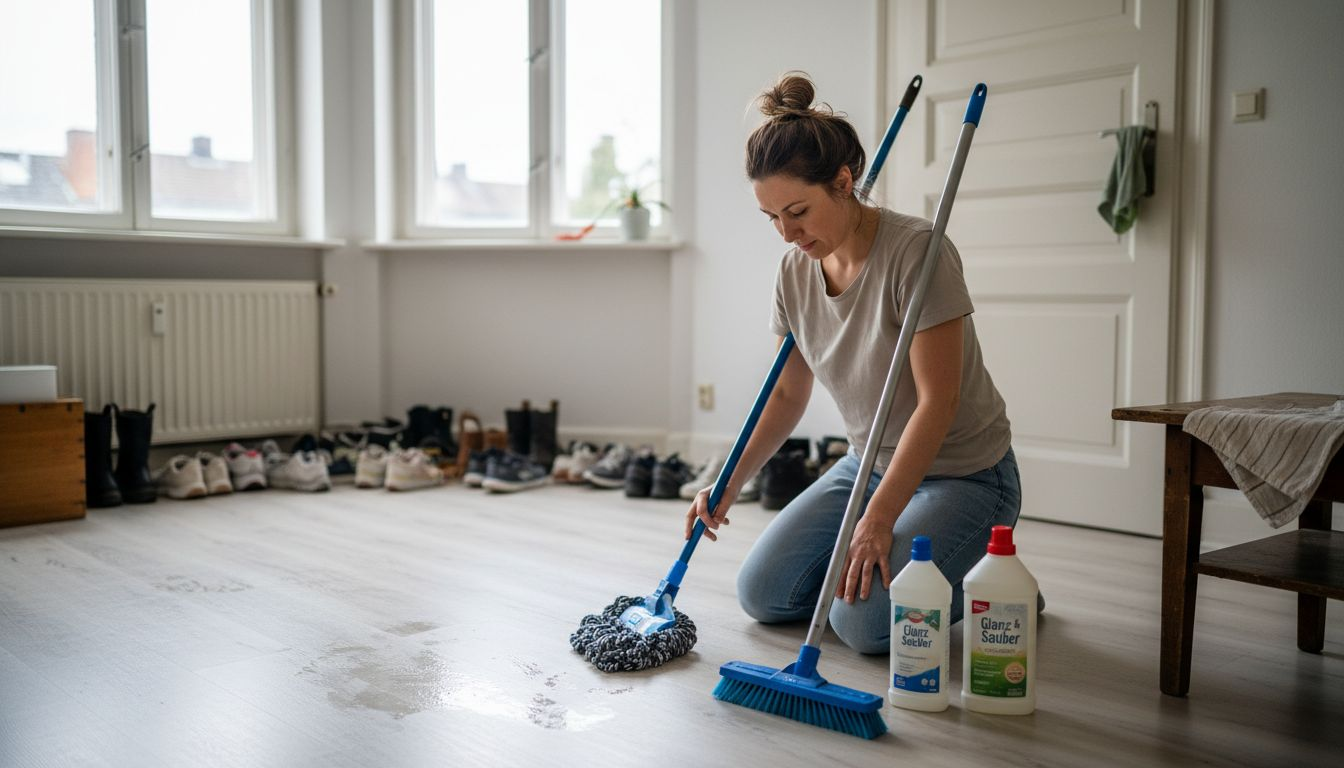 Reinigungsutensilien für den Einsatz auf Vinylböden bereitgelegt