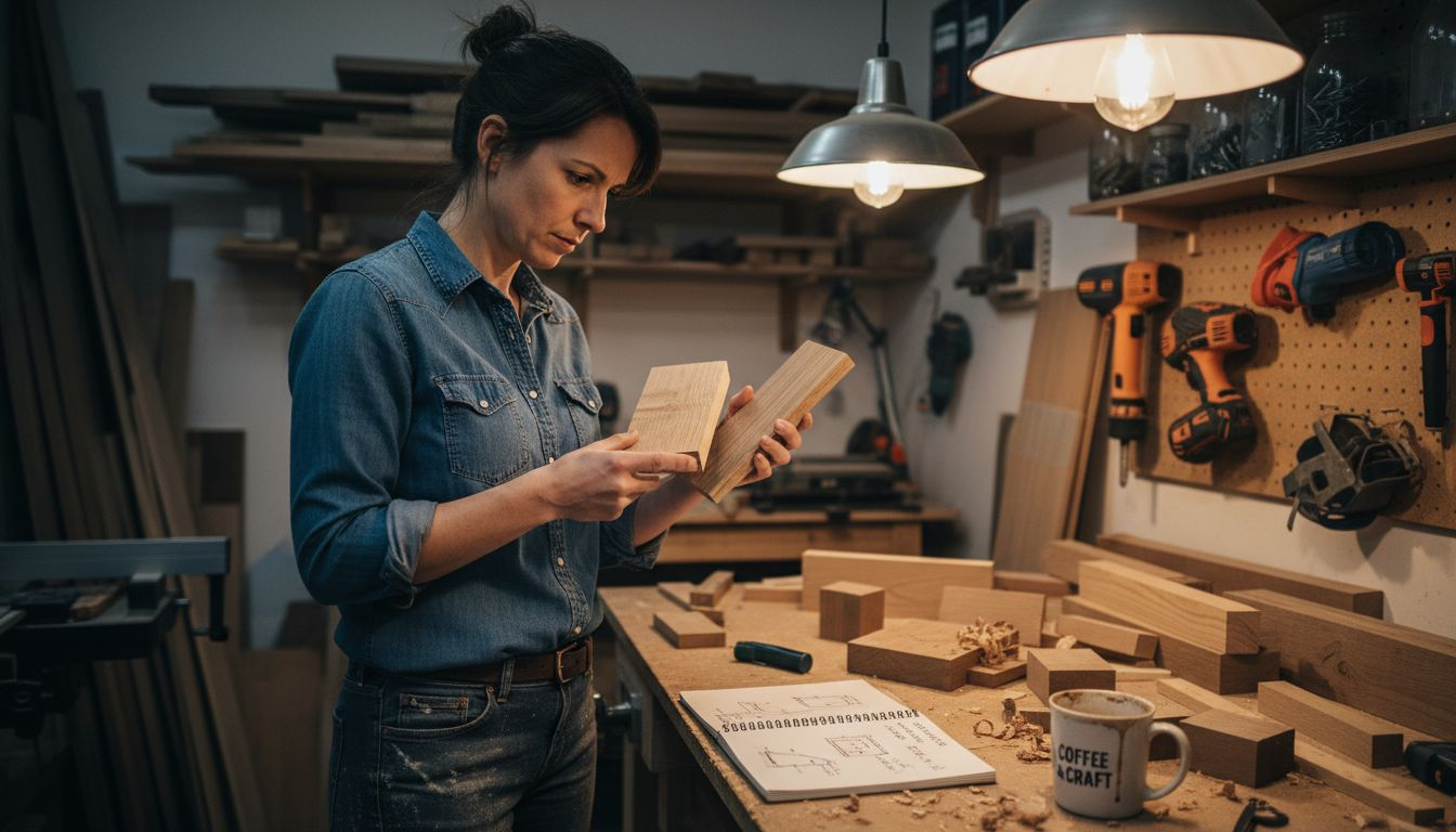 Woman comparing sauna timber samples at workbench