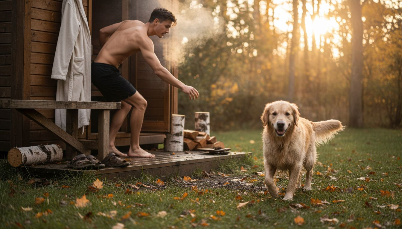 Nach dem Saunagang genießt die Person die Ruhe und frische Luft im Garten.
