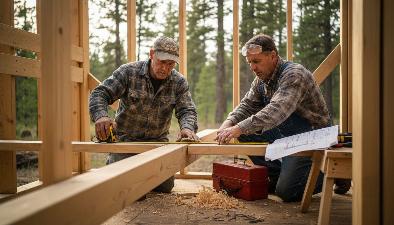 Carpenters assembling sauna timber frame