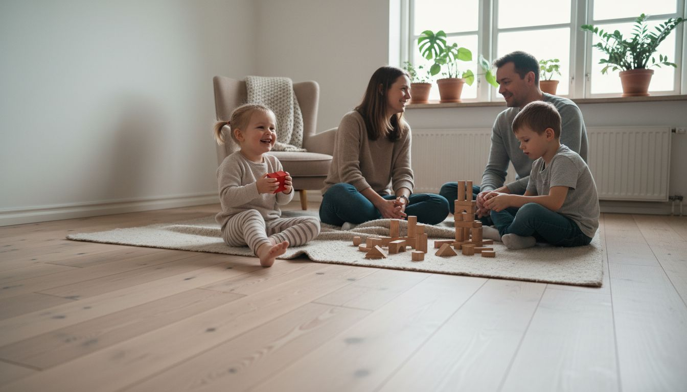Eine Familie genießt entspannte Stunden auf stilvollem skandinavischem Parkett.