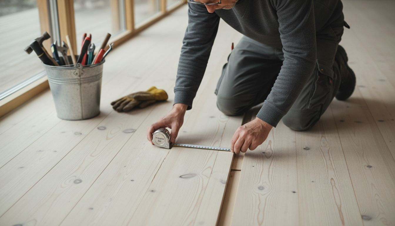 Ein erfahrener Handwerker begutachtet die Fichtendiele ganz genau und achtet dabei auf jedes Detail.