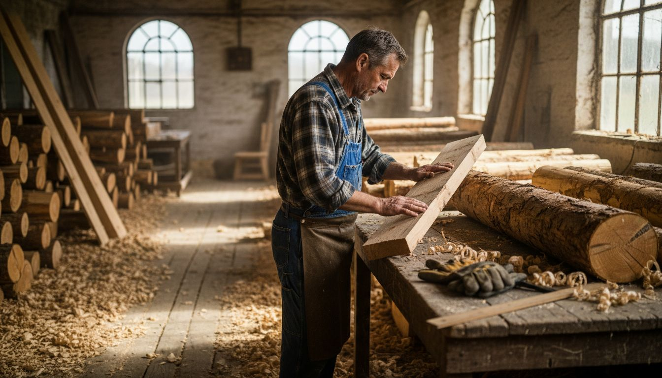 Carpenter inspecting Finnish timber logs