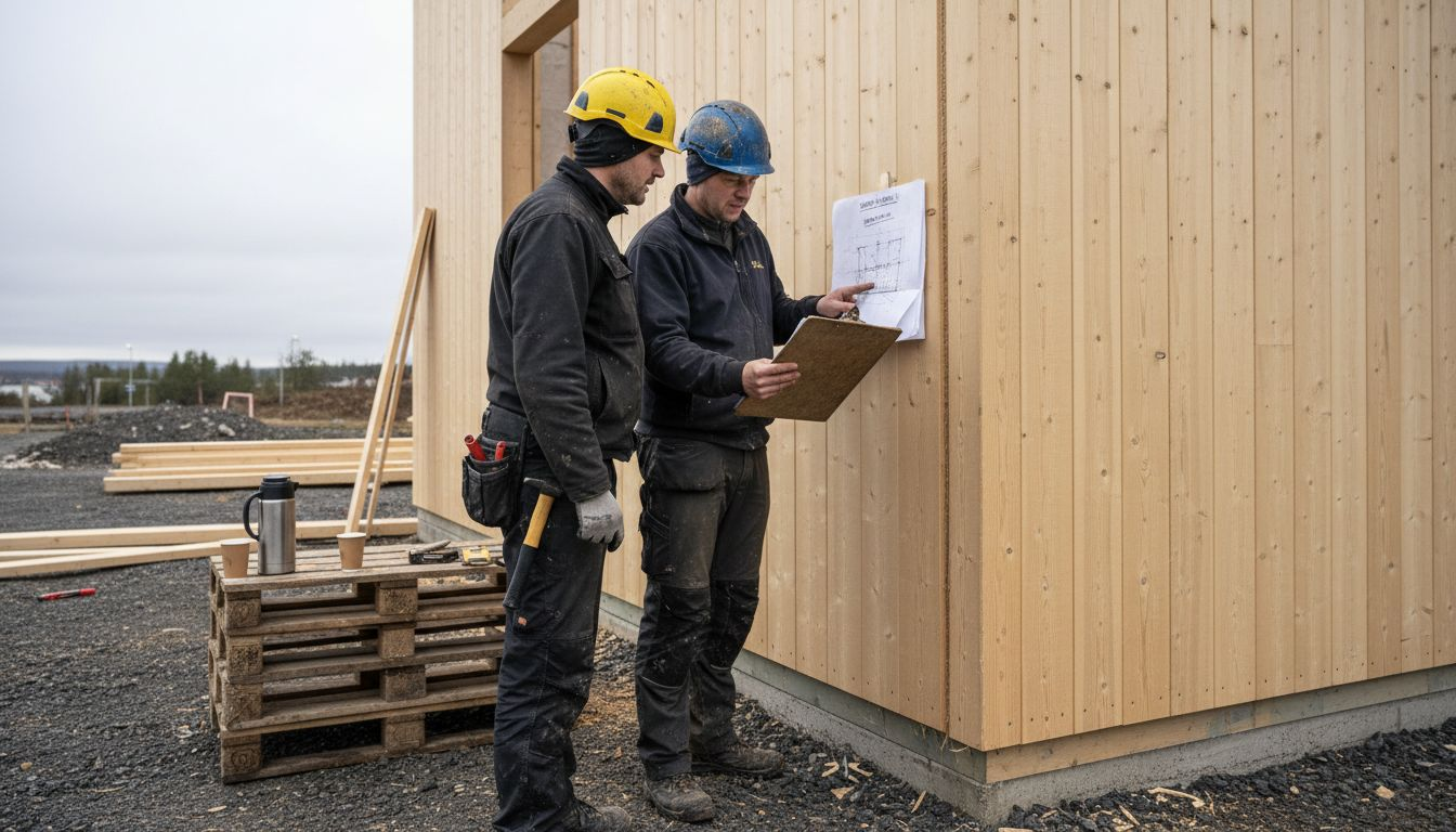 En kontrollør går gjennom trearbeidet på byggeplassen for å sjekke at alt er i orden.