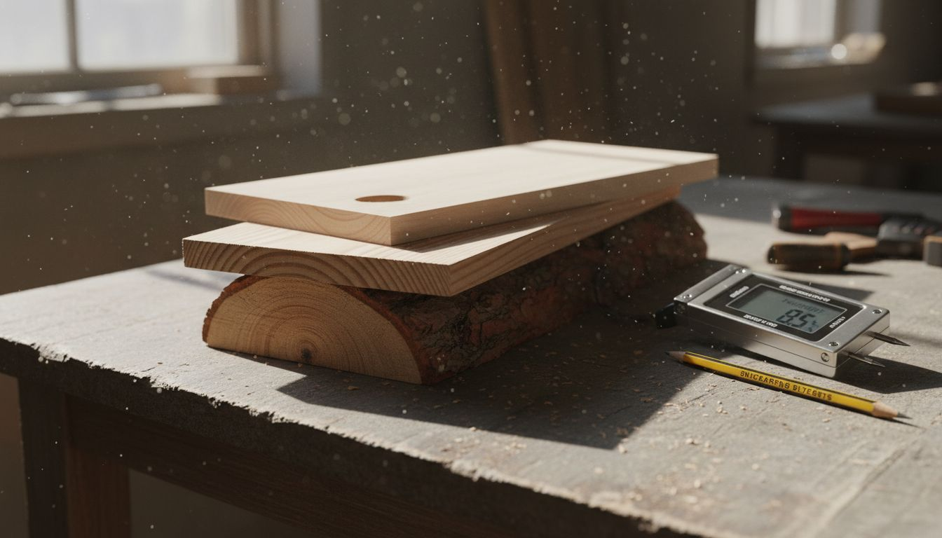 På bordet ligger träbitar av tall, gran och björk, redo för närmare granskning.