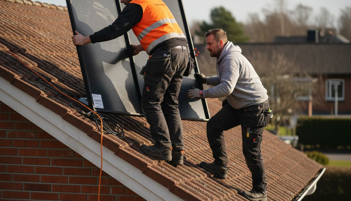 Asentajat nostavat aurinkosuojapaneelia katon päälle.