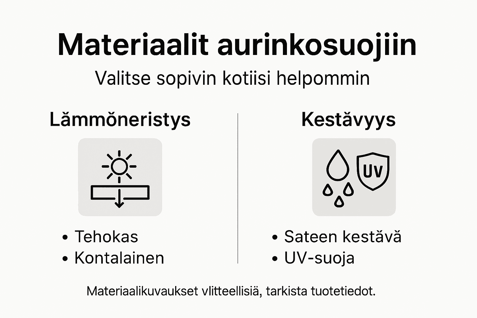 Kuvallinen vertailu eri aurinkosuojamateriaaleista