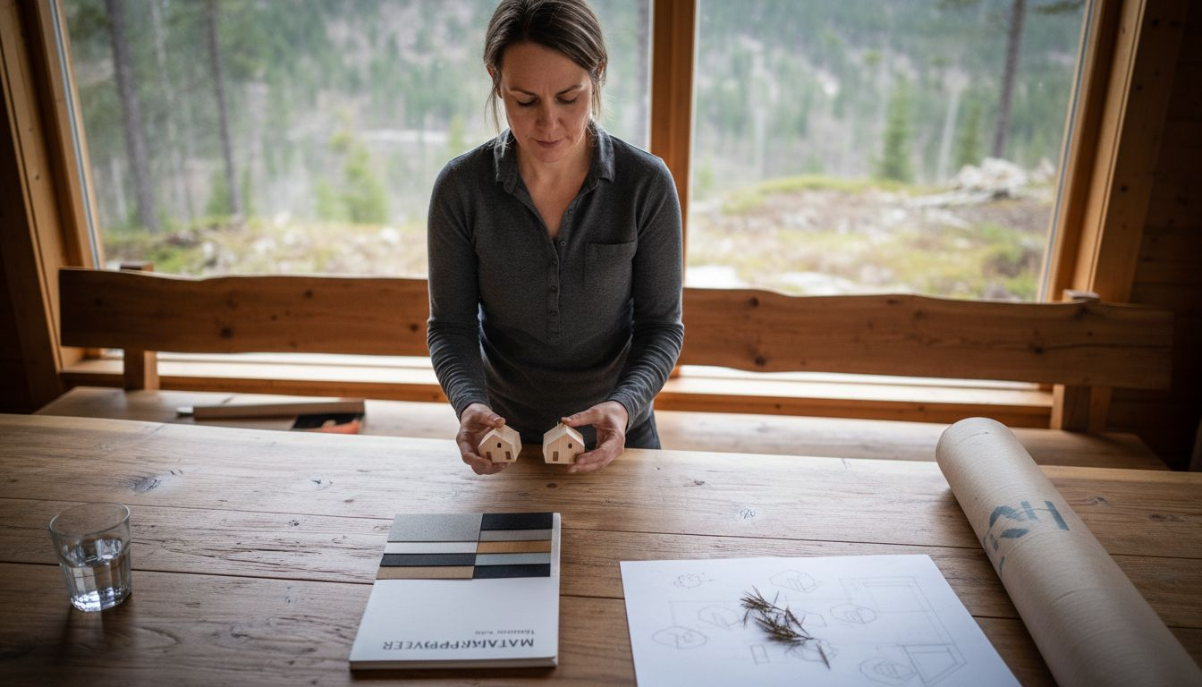 Arkitekten ser nøye på ulike materialprøver til hytta