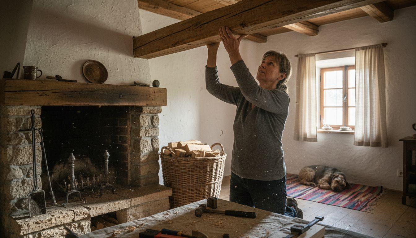Carpenter working in rustic cottage interior