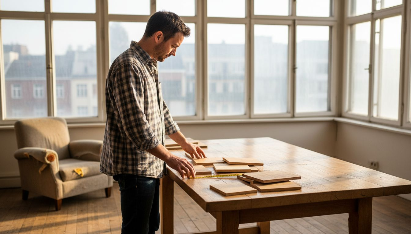 Ein Mann begutachtet verschiedene Holzarten direkt auf dem Boden eines Wohnstudios.