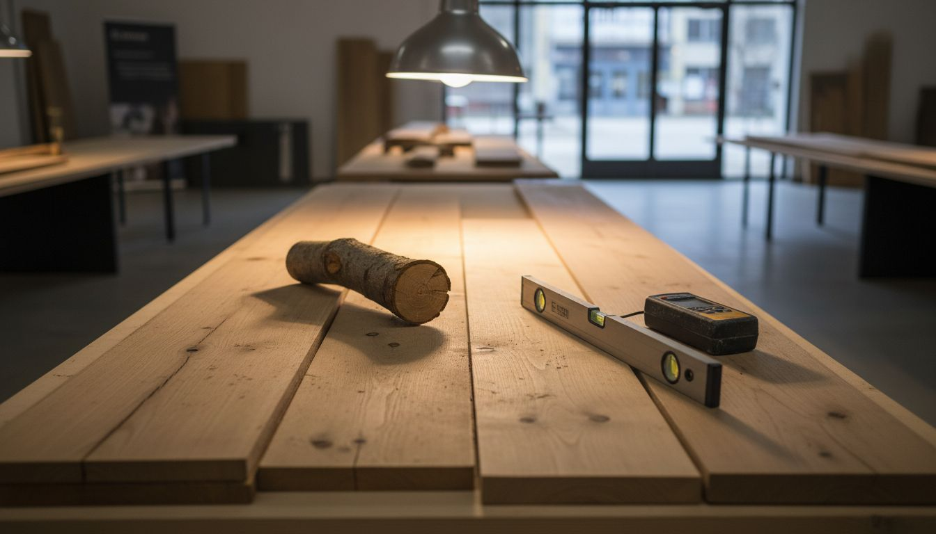 Detailansicht eines Ausstellungstisches mit unterschiedlichen Holzplanken