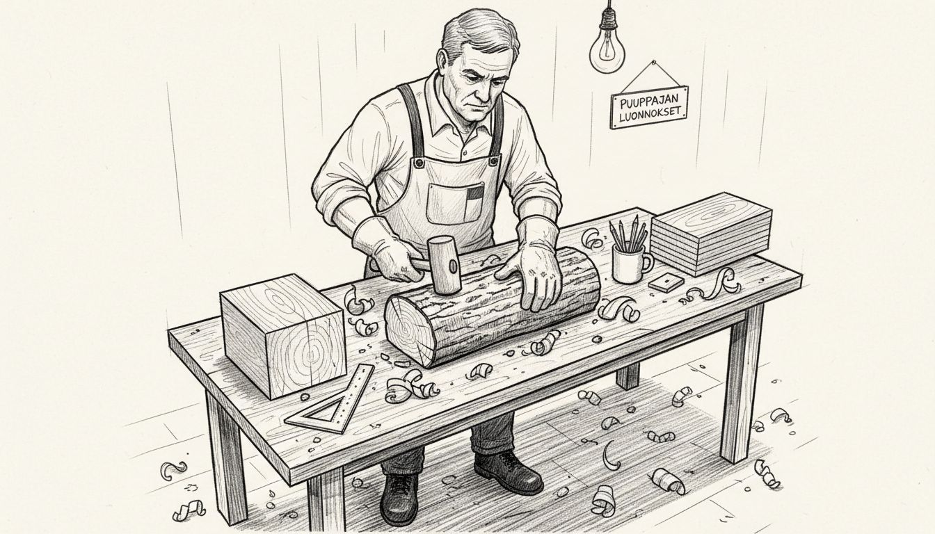 Puuseppä tutkii erilaisia tukkeja ja arvioi niiden ominaisuuksia.