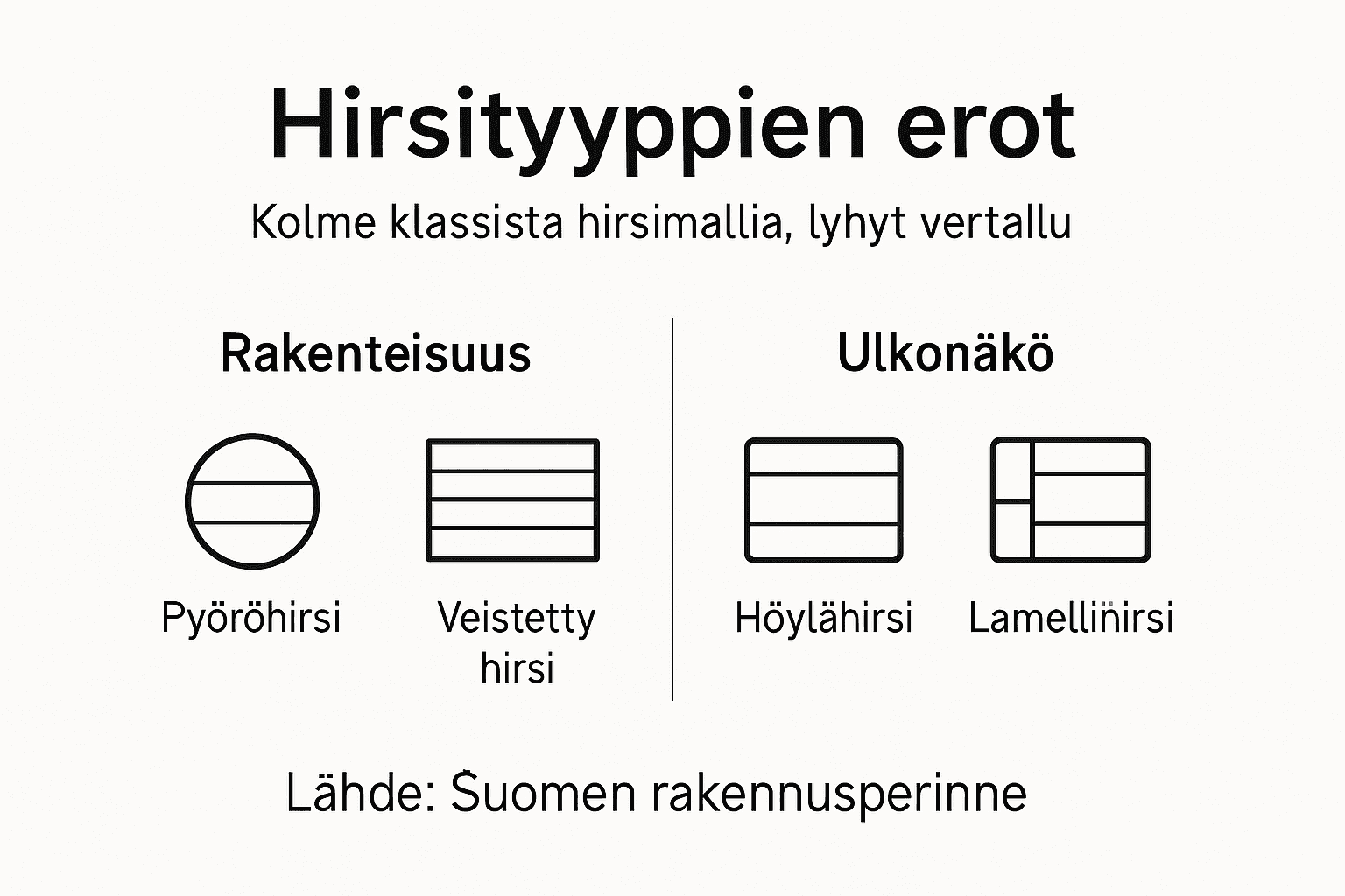Kuvallinen katsaus eri hirsityyppien ominaisuuksiin