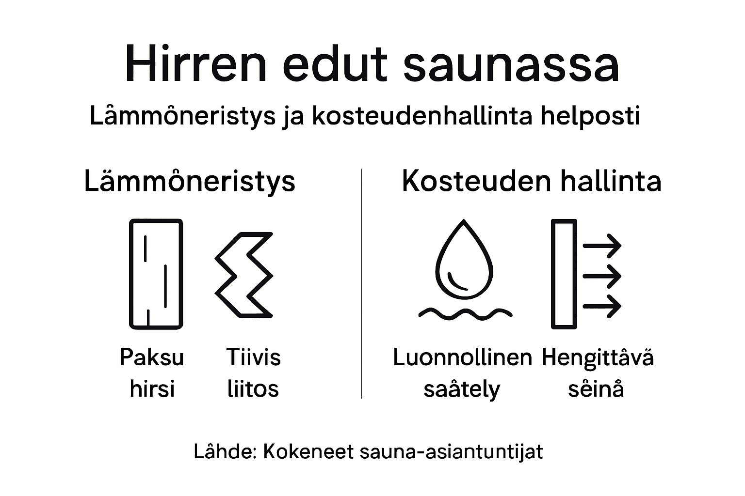 Havainnollistava infografiikka hirsisaunan lämmöneristyksen ja kosteustasapainon ratkaisuista