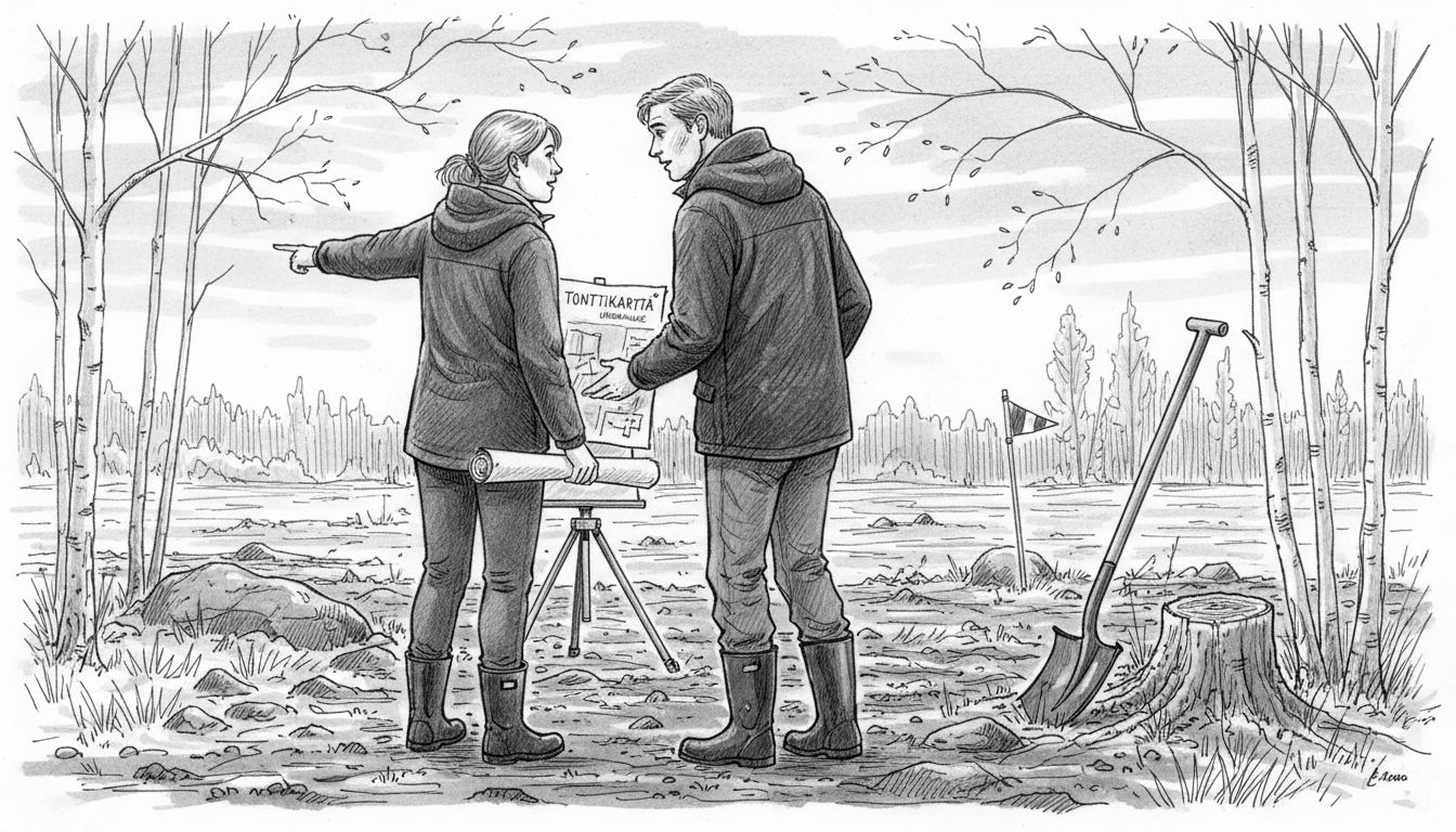 Pariskunta tutustuu mahdolliseen tonttiin ulkona ja pohtii, voisiko siihen rakentaa uuden kodin.