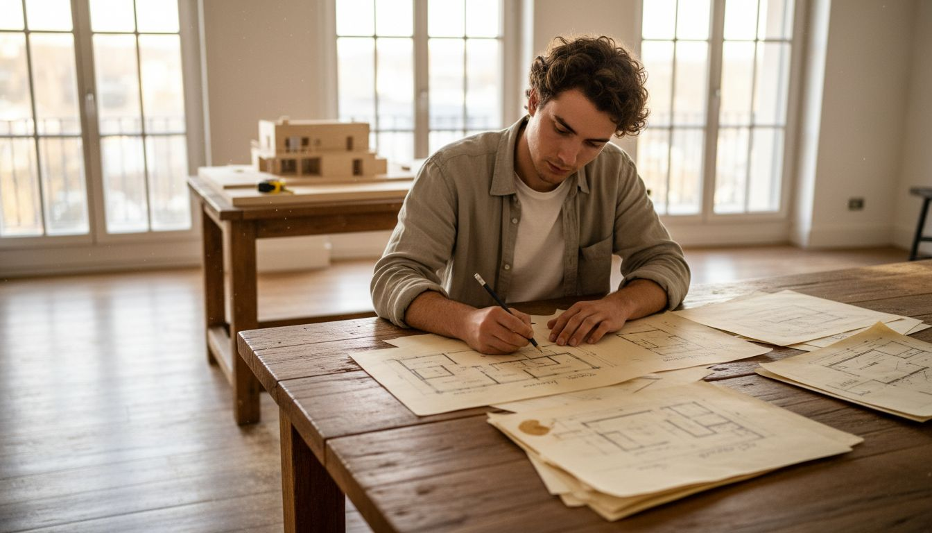 Ein Architekt entwickelt erste Entwürfe für den Grundriss eines Holzhauses.