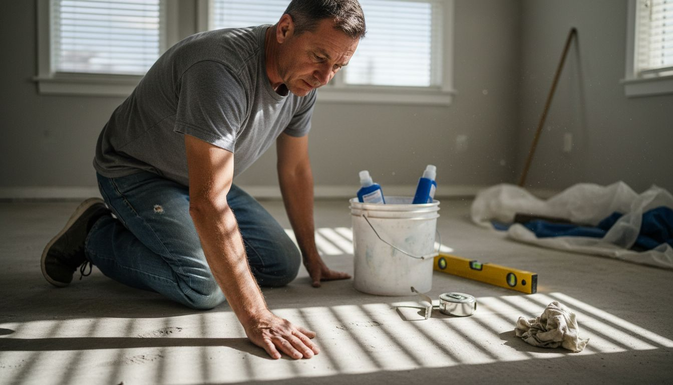Ein Handwerker prüft, ob der Estrich richtig für die Verlegung von Vinylboden vorbereitet ist.