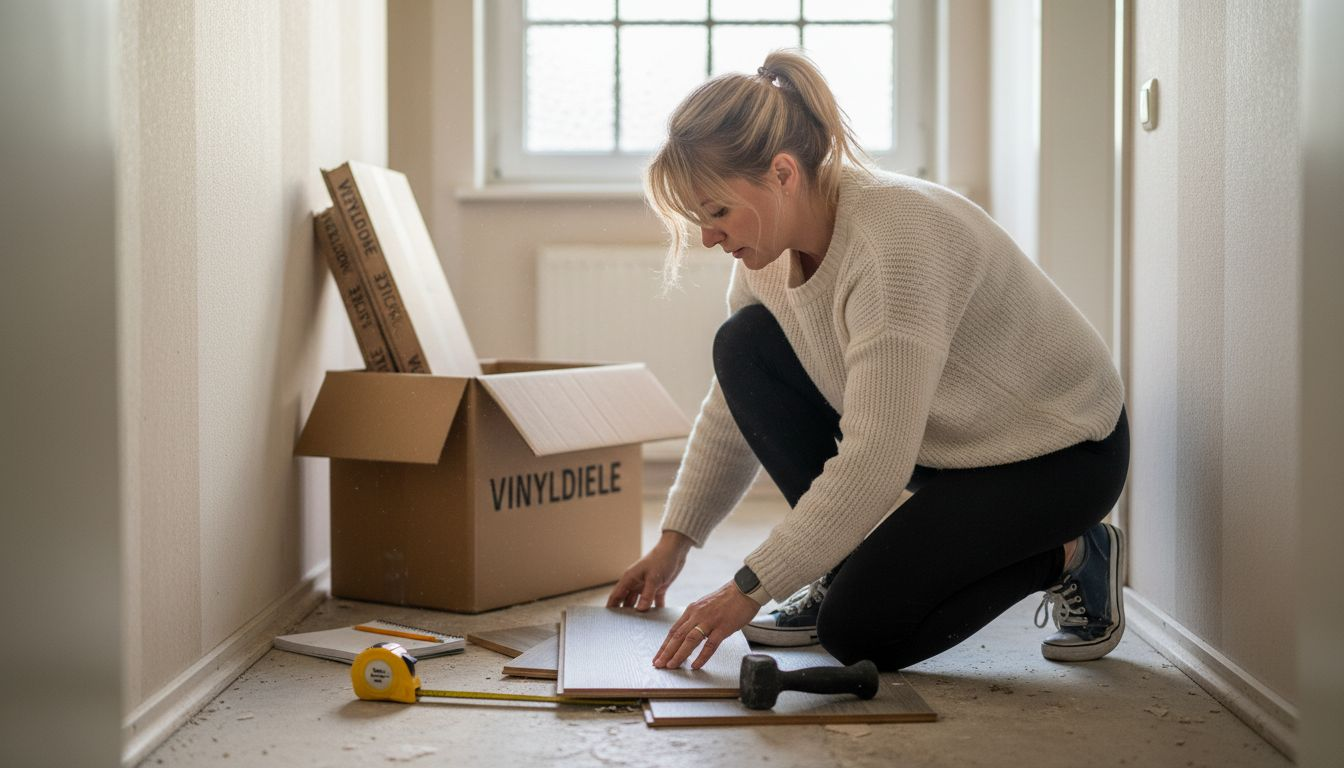 Eine Frau legt das nötige Material und Werkzeug für das Verlegen von Vinylboden bereit.