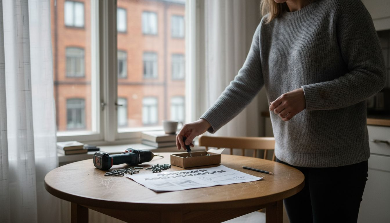 Nainen järjestelee kaihdinasennukseen tarvittavia työkaluja pöydälle.