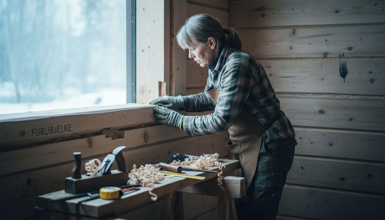 Går grundig over det ferdige snekkerarbeidet inne i tømmerhytta