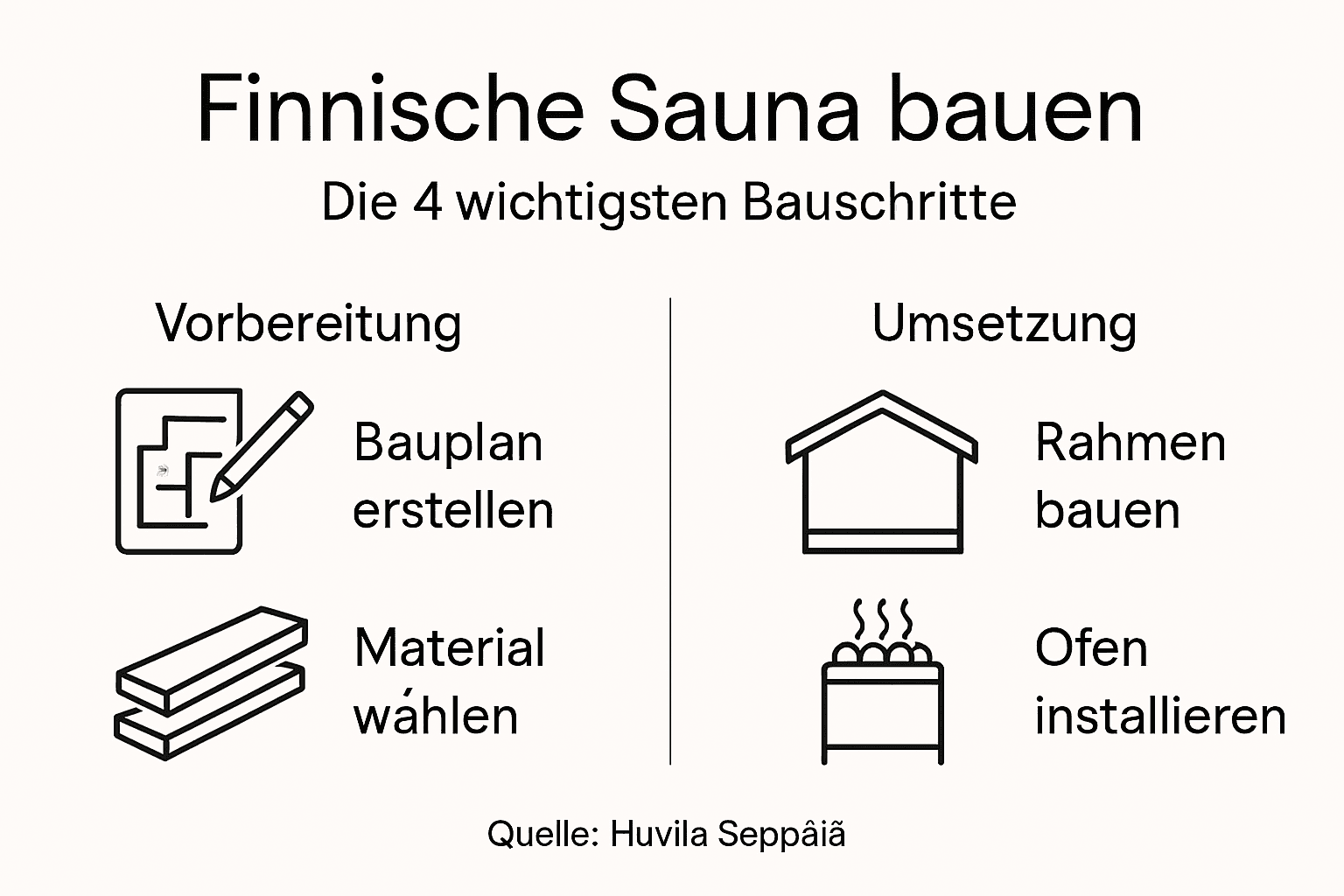Schritt-für-Schritt-Infografik: So gelingt der Bau Ihrer eigenen Sauna in vier Etappen