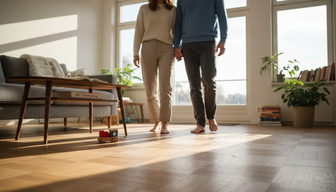 Ein Paar schlendert gemütlich über den Eichenparkettboden im Wohnzimmer.