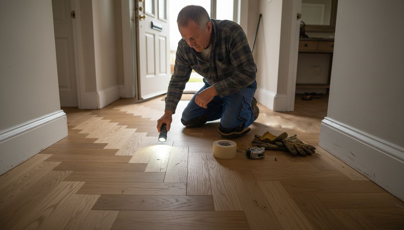Ein Handwerker prüft sorgfältig die Beschaffenheit des Eichenparketts.