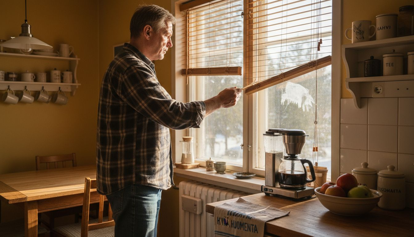 Mies säätää keittiön ikkunakaihtimia.