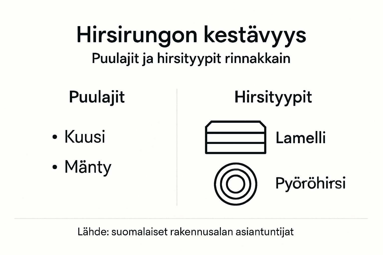 Kuvallinen katsaus hirsirakenteiden kestävyyteen ja eri puulajien ominaisuuksiin