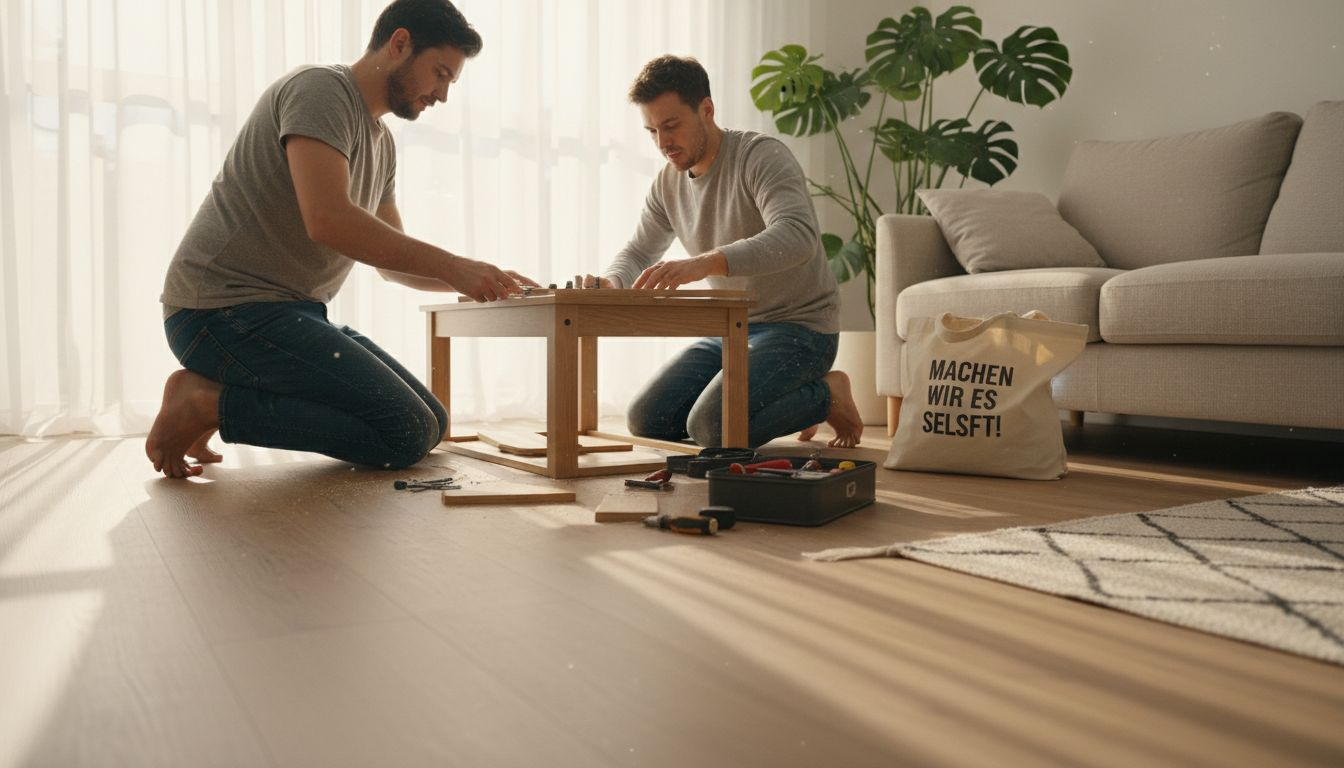 Ein Paar baut gemeinsam Möbel auf und steht dabei auf einem hellen Vinylboden.