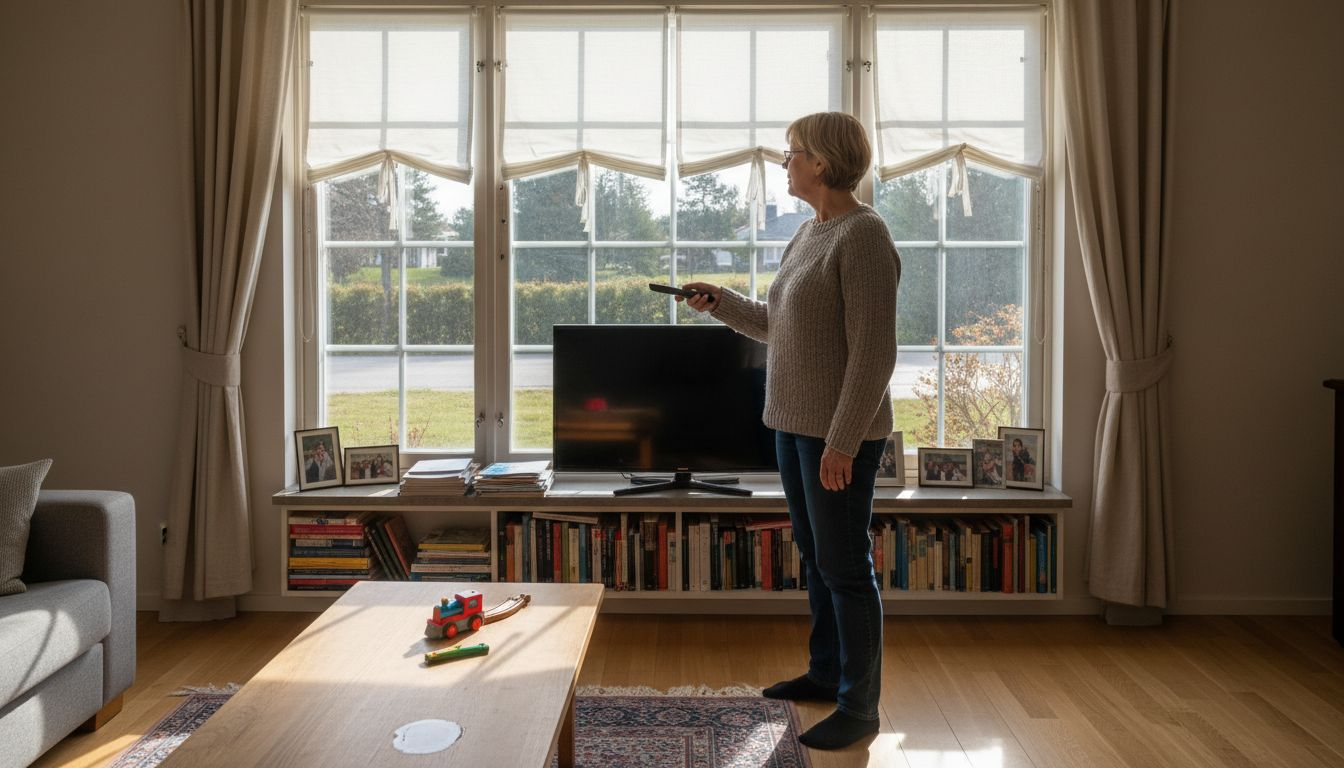 Nainen säätää älyverhoja kaukosäätimellä.