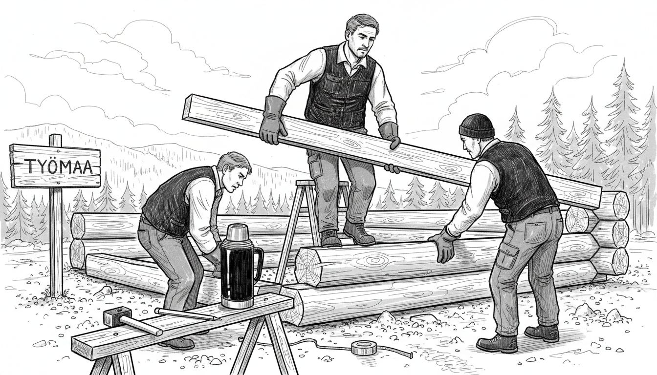 Rakennusmiehet pystyttävät hirsiseinää maaseudulla