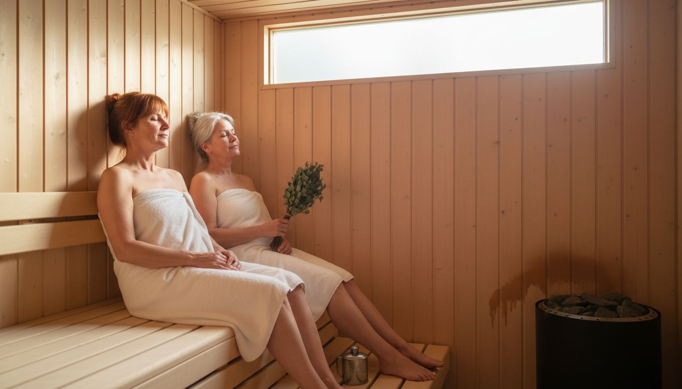 Frauen genießen entspannte Momente in einer gemütlichen Holzsauna.