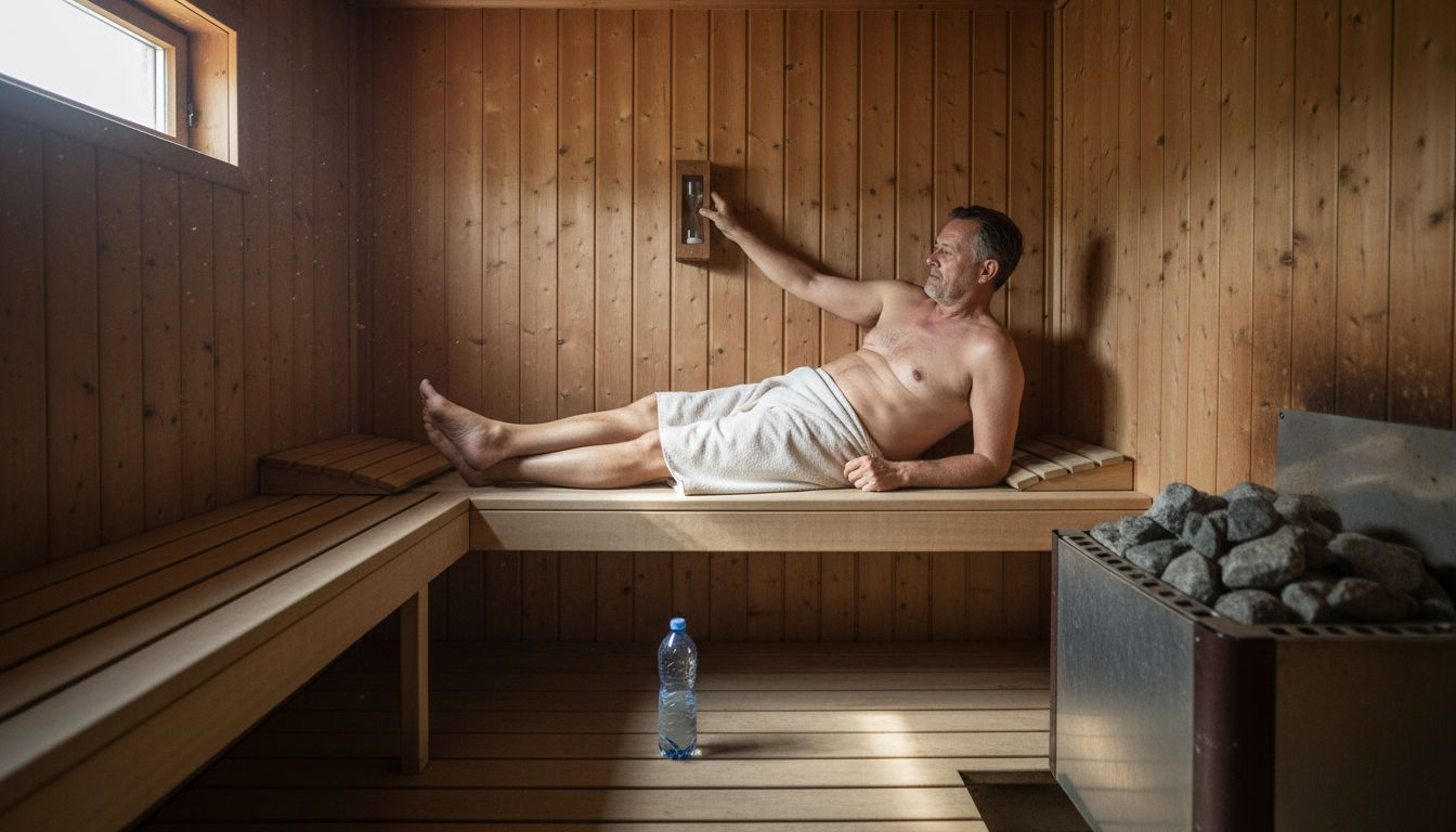 Man relaxes inside traditional wood sauna